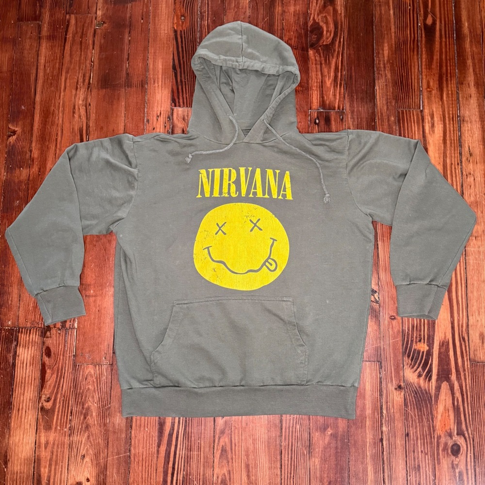 Nirvana Smiley Face Graphic Hoodie Men's Large Green Yellow Distressed Rock Band - Picture 1 of 5